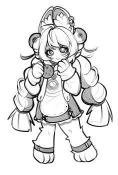 1girl :3 ahoge animal_ear_fluff animal_ear_piercing animal_ears animal_feet anklet braid braided_twintails bright_pupils chinese_clothes commentary english_commentary full_body furry furry_female greyscale highres jewelry julkill00 long_hair looking_at_viewer medallion monochrome parted_lips rabbit_girl screw simple_background sketch solo white_background white_pupils zenless_zone_zero zhao_(zenless_zone_zero)