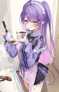 1girl apron argule0901 black_jacket black_shorts blush breasts commentary_request cooking cowboy_shot green_eyes highres holding hololive jacket long_hair purple_apron purple_hair shorts solo tokoyami_towa tongue tongue_out two_side_up virtual_youtuber