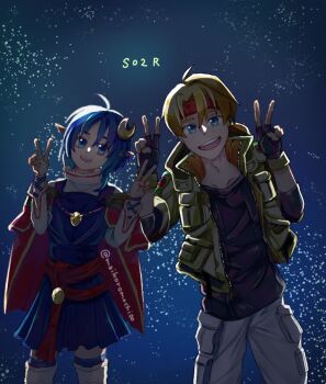 Rule 34 | 1boy, 1girl, :d, ahoge, blue eyes, blue hair, blush, cape, claude c. kenny, crescent, crescent hair ornament, double v, gloves, hair ornament, looking at viewer, open mouth, pointy ears, red cape, rena lanford, short hair, smile, star (sky), star ocean, star ocean: the second story, v