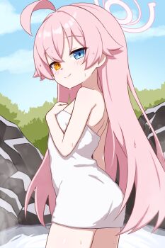 1girl ahoge bare_shoulders blue_archive blue_eyes cowboy_shot flat_chest halo heterochromia highres holding holding_towel hoshino_(blue_archive) io9 legs light_blush long_hair naked_towel onsen orange_eyes outdoors pink_hair pink_halo smile solo towel wet