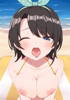 1girl beach black_hair blue_eyes blush breasts breasts_out breasts_squeezed_together cleavage fuji_yoshida hair_ribbon highres hololive looking_at_viewer medium_breasts nipples one_eye_closed oozora_subaru open_mouth ribbon short_hair solo tongue tongue_out upper_body virtual_youtuber waiting_for_cum