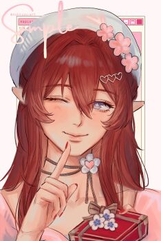 Rule 34 | 1girl, ;), beret, blue eyes, box, commentary, cross-shaped pupils, english commentary, gift, gift box, hat, highres, honkai: star rail, honkai (series), long hair, looking at viewer, nokkusuart, one eye closed, pointy ears, red hair, red nails, sample watermark, smile, solo, symbol-shaped pupils, tribios (honkai: star rail), twitter username, upper body, very long hair, watermark