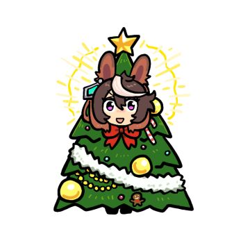 1girl animal_ears bow brown_hair candy candy_cane christmas_ornaments christmas_tree christmas_tree_costume food gingerbread_man hair_between_eyes horse_ears horse_girl long_hair looking_at_viewer multicolored_hair open_mouth pikminpreggedup purple_eyes smile star_(symbol) streaked_hair symboli_rudolf_(christmas_emperor_tree)_(umamusume) symboli_rudolf_(umamusume) tree_costume umamusume white_hair
