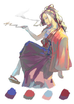 1girl bow breasts chest_sarashi cleavage closed_eyes collarbone commentary_request footwear_bow from_side full_body hand_up highres holding holding_smoking_pipe kiyonetto komakusa_sannyo large_breasts open_clothes open_shirt parted_lips ponytail purple_hair purple_skirt sandals sarashi shoe_dangle sitting skirt smile smoke smoke_trail smoking smoking_pipe socks solo touhou white_background white_socks