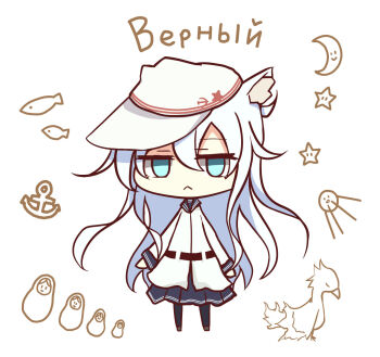 1girl :< anchor_symbol animal_ear_fluff animal_ears aqua_eyes belt bird black_belt black_thighhighs blank_eyes blue_hair blue_sailor_collar blue_skirt cat_ears character_name chibi crescent_moon fish flat_cap full_body grey_footwear hair_between_eyes hammer_and_sickle hat hibiki_(kancolle) highres kantai_collection kemonomimi_mode light_blue_hair long_hair long_sleeves looking_at_viewer matryoshka_doll moon phoenix pin pleated_skirt russian_text sailor_collar school_uniform serafuku shirt sidelocks simple_background skirt solo sputnik standing star_(symbol) star_pin thighhighs tosa_harimaya verniy_(kancolle) very_long_hair white_background white_hat white_shirt