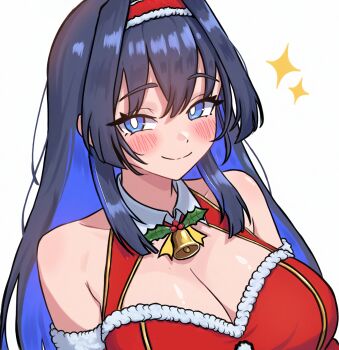 1girl absurdres alissashogun bell blue_eyes blue_hair blush breasts bright_pupils cleavage dress hairband highres hololive hololive_english large_breasts long_hair neck_bell ouro_kronii red_hairband santa_costume santa_dress smile virtual_youtuber white_background white_pupils