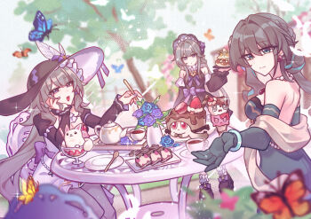 Rule 34 | 3girls, absurdres, alternate costume, aqua eyes, aqua streaks, black hair, bonnet, bow, bracelet, brown hair, bug, butterfly, c520gpss, cake cat (honkai: star rail), chair, chimera (honkai: star rail), chinese commentary, commentary request, detached sleeves, dress, flower, food, gloves, hair bun, hat, herta (honkai: star rail), herta (puppet) (honkai: star rail), highres, honkai: star rail, honkai (series), insect, jewelry, leaf, long hair, multiple girls, origami bird (honkai: star rail), outdoors, peppy (honkai: star rail), purple eyes, robe, ruan mei (honkai: star rail), smile, table, tea, the herta (honkai: star rail), wubbaboo (honkai: star rail)