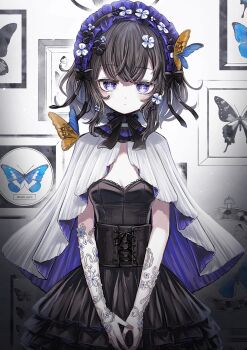 0721mikoko 1girl black_corset black_dress blue_eyes blue_hairband breasts bug butterfly capelet cleavage closed_mouth commentary corset cross-shaped_pupils dress expressionless eyebrows_hidden_by_hair flower frilled_dress frills hair_flower hair_ornament hairband highres insect looking_at_viewer medium_breasts original photo_(object) picture_frame short_hair solo strapless strapless_dress symbol-shaped_pupils white_capelet