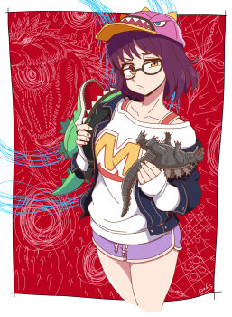 1girl :/ backpack bag baseball_cap blue_jacket breasts character_doll collarbone commentary_request cowboy_shot doll dolphin_shorts galois glasses godzilla godzilla_(series) godzilla_singular_point hat highres holding holding_toy jacket kamino_mei medium_breasts medium_hair pink_hat purple_hair purple_shorts raised_eyebrow shirt short_shorts shorts sleeves_past_wrists solo toy white_shirt yellow_eyes
