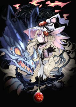 1girl absurdly_long_hair absurdres elzette_azamina_of_the_white_forest blonde_hair blue_eyes chain choker claws diabellze_the_original_sinkeeper dragon elzette_of_the_white_forest eyeliner fangs hat highres horns liquid long_hair makeup olf_factory one_eye_covered open_mouth outstretched_hand very_long_hair witch_hat yu-gi-oh! yu-gi-oh!_duel_monsters