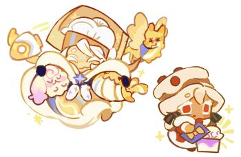 1girl 1other :3 ^_^ boots brown_hat cape chibi chis74 closed_eyes cookie_run cookie_run:_ovenbreak dragon dreamweaver_cookie hair_ribbon hat peppernut_cookie ponytail rabbit red_eyes ribbon rocket simple_background smile whale white_background white_boots white_cape white_hair