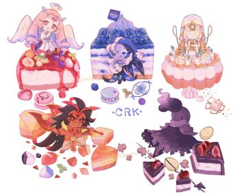 Rule 34 | 2girls, 3boys, :d, absurdly long hair, alt text, angel wings, aqua eyes, armor, axe, banana, banana slice, battle axe, black bodysuit, black cape, black hair, blue eyes, blue flower, blue gem, blue rose, blue skin, blueberry, bodysuit, bright pupils, burning spice cookie, cake, cake slice, cape, closed eyes, closed mouth, colored eyelashes, colored skin, colored teeth, commentary, cookie run, cookie run: kingdom, copyright name, crossed ankles, dot mouth, dress, drill hair, english commentary, eternal sugar cookie, extra eyes, facing viewer, flower, food, forehead jewel, frilled sleeves, frills, fruit, full body, gem, grey armor, grey helmet, grey pants, grin, halo, hand on own chest, helmet, heterochromia, holding, holding axe, holding instrument, holding lyre, instrument, kanaizu yh, kiwi (fruit), kiwi slice, long hair, long sleeves, lyre, macaron, mismatched eyelashes, mismatched pupils, multiple boys, multiple girls, mystic flour cookie, open mouth, outstretched arm, pants, pink eyes, pink gem, pink hair, puff and slash sleeves, puffy long sleeves, puffy sleeves, red skin, rose, scar across eyes, shadow milk cookie, sharp teeth, shoulder armor, silent salt cookie, simple background, sitting, slit pupils, smile, standing, strawberry, strawberry slice, teeth, topless male, u u, very long hair, weapon, whipped cream, white background, white dress, white eyelashes, white eyeshadow, white hair, white pupils, white skin, white wings, wings, yellow halo, yellow teeth