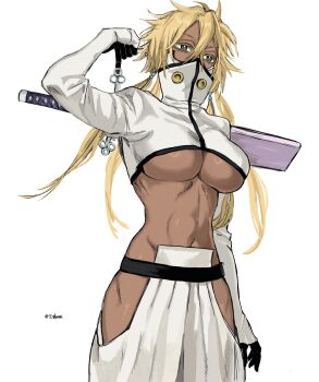 1girl absurdres artist_name bleach blonde_hair breasts colored_eyelashes cropped_jacket dark-skinned_female dark_skin espada female_focus green_eyes highres large_breasts medium_hair p_glansk simple_background standing sword tier_harribel underboob weapon white_background