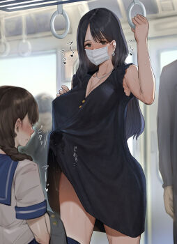 1futa 1girl black_hair breasts brown_hair bulge clothes collar ear_piercing erection erection_under_clothes futanari heart highres japanese_text juice large_breasts large_penis long_hair mask mesisinja mouth_mask on_vehicle original penis piercing school_uniform sitting train train_interior twintails twitching_penis vehicle