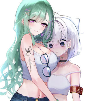 3girls @_@ alternate_costume animal_hat arm_tattoo armband armlet bare_shoulders black_choker black_panties blue_eyes bra_visible_through_clothes bracelet breasts camisole cat_hat cheek_press choker cleavage crop_top denim earrings eyes_visible_through_hair face_to_breasts glasses green_hair hair_ornament hat height_difference highres jeans jewelry kaga_sumire large_breasts long_hair looking_at_viewer midriff mole mole_on_breast multiple_girls navel navel_piercing necklace panties pants panty_peek parted_lips piercing purple_eyes red_armband reflection ribbed_camisole sanada_nagi single_earring strap_slip sweatdrop tachibana_hinano tattoo underwear very_long_hair virtual_youtuber vspo! white_camisole white_hair white_hat x_hair_ornament yakumo_beni yuri