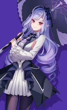 1girl absurdres bad_link black_skirt breasts cowboy_shot drill_hair drill_sidelocks frilled_sleeves frills highres holding holding_umbrella long_hair long_sleeves looking_at_viewer medium_breasts mole mole_under_eye pantyhose pochimaru_(marumaru_wanwan) pointy_ears purple_background purple_hair red_eyes shirt sidelocks simple_background skirt smile solo standing umbrella very_long_hair vivian_banshee white_shirt wide_sleeves zenless_zone_zero