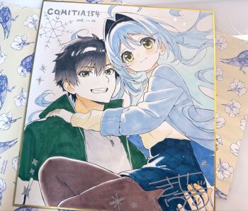 Rule 34 | 1boy, 1girl, ahoge, arata (kise itsuki), black hair, blue hair, blush, carrying, carrying person, commentary request, couple, hair intakes, highres, kise itsuki, long hair, marker (medium), original, pantyhose, photo (medium), shikishi, skirt, smile, traditional media, yellow eyes, yuki (kise itsuki)