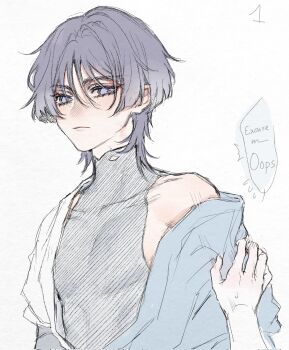 1boy armpit_crease bishounen black_bridal_gauntlets blue_cape blunt_ends bodysuit bridal_gauntlets cape cape_tug closed_mouth disembodied_hand english_text eyelashes genshin_impact grey_bodysuit grey_hair hacwss hatching_(texture) highres japanese_clothes kimono linear_hatching looking_at_viewer male_focus mandarin_collar numbered open_clothes open_kimono pectorals purple_eyes red_pupils scaramouche_(genshin_impact) short_sleeves single_off_shoulder sketch speech_bubble thick_eyebrows toned upper_body wanderer_(genshin_impact) white_background white_kimono white_sleeves wispy_bangs