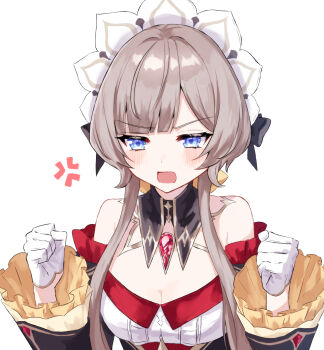 1girl anger_vein bare_shoulders black_collar blue_eyes blush breasts brown_hair cleavage collar commentary_request detached_collar detached_sleeves dress frilled_sleeves frills gem genshin_impact gloves headdress highres long_sleeves open_mouth red_gemstone sandrone_(genshin_impact) short_hair_with_long_locks simple_background solo strapless strapless_dress upper_body user_vtex3322 white_background white_gloves white_headdress