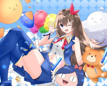Rule 34 | 1girl, a-chan (hololive), absurdres, ankimo (tokino sora), black shorts, blue skirt, blue thighhighs, blue vest, brown hair, commentary, hair ornament, highres, hololive, long hair, looking at viewer, one eye closed, open mouth, purple eyes, shorts, shorts under skirt, skirt, smile, solo, star (symbol), star hair ornament, stuffed animal, stuffed toy, teddy bear, thighhighs, tokino sora, tokino sora (1st costume), u da desu, vest, virtual youtuber