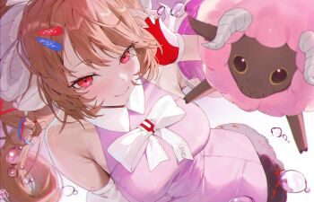1girl animal_ears ardelia_(arknights) arknights arknights:_endfield bare_shoulders breasts brown_hair closed_mouth detached_sleeves dress fingerless_gloves from_above gloves hair_ornament hairclip highres horns large_breasts long_hair looking_at_viewer lost-phews pink_dress red_eyes sheep sheep_ears sheep_horns sleeveless sleeveless_dress smile