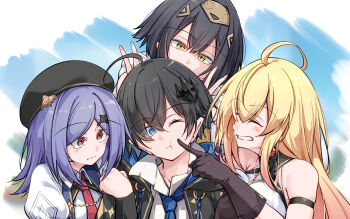 1boy 3girls ;t amber_(stella_sora) armpit_crease bare_shoulders black_hair black_hat blonde_hair blue_eyes blue_necktie blue_sky brown_gloves cheek_poking closed_eyes commentary_request double_v earrings gloves grin hair_between_eyes hair_ornament hat highres iris_(stella_sora) jewelry male_tyrant_(stella_sora) multiple_girls necktie new_star_guild_(stella_sora) noya_(stella_sora) one_eye_closed oriue_wato poking purple_hair red_eyes red_necktie sky smile stella_sora tyrant_(stella_sora) v yellow_eyes