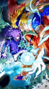 2boys absurdres aura battle blonde_hair blue_shirt commentary_request electricity energy_ball facial_mark fingernails forehead_protector highres jacket long_fingernails male_focus midair multiple_boys naruto_(classic) naruto_(series) orange_jacket orange_pants ossan_zabi_190 pants purple_hair rasengan red_eyes sharingan shirt short_hair uchiha_sasuke uzumaki_naruto whisker_markings white_pants