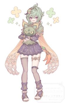 1girl absurdres belt black_bridal_gauntlets bridal_gauntlets brown_thighhighs collei_(genshin_impact) crossed_bangs cuilein-anbar_(genshin_impact) full_body fumicode2_3 genshin_impact green_hair hair_between_eyes highres long_hair long_sleeves looking_at_viewer open_mouth over-kneehighs purple_eyes simple_background skirt smile solo standing thigh_belt thigh_strap thighhighs toeless_legwear toes uneven_eyes white_background