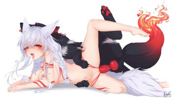 animal_ears animal_hands animal_penis bestiality blush body_markings braid breasts completely_nude copyright_request cropped_legs dog_penis facial_mark fiery_tail fire highres knotted_penis kukseleg large_breasts low_twin_braids lying nude on_side penis sex tail testicles tongue tongue_out twin_braids uncensored vaginal white_hair wolf wolf_ears wolf_girl wolf_tail