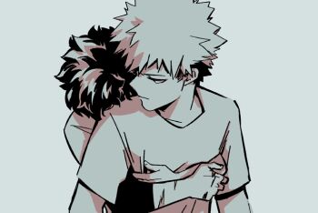 Rule 34 | 2boys, 5mll3, bakugou katsuki, boku no hero academia, closed mouth, crew neck, grey background, greyscale, head on another's shoulder, hug, hug from behind, long sleeves, looking back, looking to the side, male focus, midoriya izuku, monochrome, multiple boys, scar, scar on arm, shirt, short hair, short sleeves, simple background, spiked hair, t-shirt, upper body, yaoi