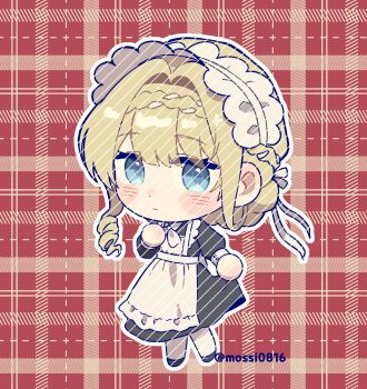 1girl :/ alternate_costume apron black_dress black_shoes blonde_hair blue_eyes blush bow bowtie braid braided_bangs chibi dress full_body hair_bun hashtag-only_commentary highres kiperina long_dress long_sleeves looking_at_viewer maid maid_headdress mossi_(mossi0816) pantyhose plaid_background red_background reverse:1999 shoes short_hair skirt_hold solo standing twitter_username white_apron white_bow white_bowtie white_pantyhose