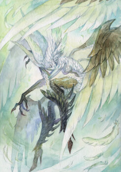 Rule 34 | 1girl, arm up, black hands, black scales, breasts, clawed hands, cleavage, closed eyes, colored extremities, commentary, english commentary, feathers, final fantasy, final fantasy xiv, floating, full body, garuda (final fantasy), green feathers, green wings, head bowed, head wings, high heels, highres, kat solomko, leaning forward, medium breasts, monster girl, narrow waist, scales, solo, wind, wings