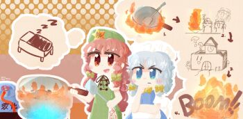 >:( 2girls :d ? ?? apron artist_name back_bow bed beret black_bow blue_dress blue_eyes blush_stickers bow braid chibi china_dress chinese_clothes chinese_commentary closed_mouth cooking dated dress explosion fire fluffy_hair furrowed_brow gradient_background green_dress green_hat grey_hair hair_bow hand_on_own_chin hat holding holding_spatula hong_meiling hzui izayoi_sakuya long_hair maid_headdress medium_hair multiple_girls multiple_hair_bows open_mouth polka_dot polka_dot_background propane_tank puffy_short_sleeves puffy_sleeves red_eyes red_hair scarlet_devil_mansion short_sleeves smile sound_effects spatula speech_bubble star_(symbol) thinking thought_bubble touhou twin_braids v-shaped_eyebrows white_apron wok yellow_bow zzz