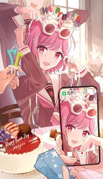 4girls absurdres arisugawa_academy_school_uniform birthday_cake blowing_candle cake candle chair confetti d4dj dessert food fruit glasses grapes gurukiti1 hair_ornament happy_birthday highres holding holding_candle holding_phone kasuga_haruna multiple_girls notification on_chair party_popper phone pink_eyes pink_hair plate recording sakurada_miyu school_uniform shiratori_kurumi_(d4dj) smile takeshita_miiko white_hair window wooden_chair
