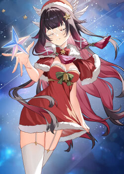1girl black_hair blue_sky breasts chinese_commentary cleavage closed_eyes columbina_(genshin_impact) commentary_request crystal dress eye_mask garter_straps genshin_impact hair_wings hat highres lao_xi long_hair mask medium_breasts multicolored_hair purple_hair red_dress red_hat santa_cape santa_costume santa_dress santa_hat sky smile solo star_(sky) starry_sky thighhighs thighs two-tone_hair very_long_hair white_garter_straps white_thighhighs white_wings wings
