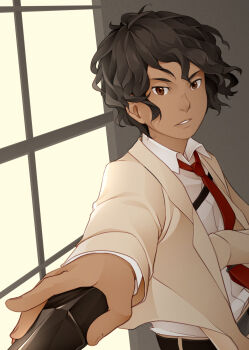 1boy belt black_belt black_hair blazer brown_eyes brown_jacket collared_shirt commentary dagger dark-skinned_male dark_skin english_commentary etzali grey_background highres holding holding_dagger holding_knife holding_weapon jacket knife layered_sleeve layered_sleeves long_sleeves looking_at_viewer male_focus necktie nose obsidian_knife obsidian_rock open_clothes open_jacket outstretched_arm parted_lips red_necktie school_uniform shirt short_hair solo toaru_majutsu_no_index toaru_majutsu_no_index:_old_testament upper_body vilatile wavy_hair weapon white_shirt window