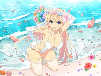 1girl :d arm_behind_head ass beach blonde_hair blue_flower blue_rose blush body_blush bouquet bow breasts bridal_swimsuit bridal_veil bride cleavage collarbone day elbow_gloves flower flower_wreath game_asset gloves green_eyes hair_between_eyes hair_bow hand_on_own_hip head_wreath heart_pendant hibiscus high_heels holding holding_bouquet jewelry katsuragi_(senran_kagura) large_breasts leaf light_particles light_rays long_hair looking_at_viewer navel necklace ocean official_alternate_costume official_art open_mouth orange_flower outdoors pearl_anklet pearl_necklace petals pink_bow pink_flower pink_rose purple_flower purple_petals red_flower red_petals rose sand seiza senran_kagura senran_kagura_new_link shiny_skin sitting slingshot_swimsuit smile solo sparkle sunbeam sunlight swimsuit thighhighs veil very_long_hair visual_novel_cg waist_bow water waves white_gloves white_slingshot_swimsuit white_thighhighs yellow_flower yellow_rose