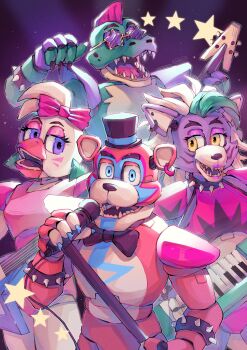 absurdres animal_ears beak bear_ears black_bow black_bowtie black_hat bow bowtie bracelet commentary english_commentary five_nights_at_freddy's five_nights_at_freddy's:_security_breach foudreika glamrock_chica glamrock_freddy green_hair hat highres holding holding_microphone instrument jewelry keytar microphone montgomery_gator pink_bow roxanne_wolf sharp_teeth spiked_bracelet spikes star_(symbol) teeth wolf_ears
