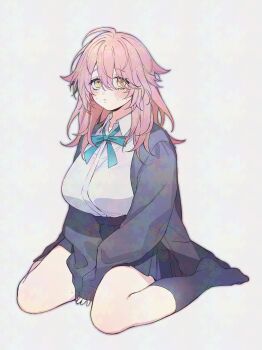 1girl absurdres between_legs black_skirt blush breasts cardigan closed_mouth collared_shirt commentary_request eyelashes grey_background hair_between_eyes hand_between_legs highres io_(ooioo) kneehighs large_breasts long_hair long_sleeves looking_at_viewer mole mole_on_neck mole_under_eye multiple_moles open_clothes original pink_hair pleated_skirt shirt shirt_tucked_in simple_background sitting skirt sleeves_past_wrists socks solo sweat wariza white_shirt yellow_eyes