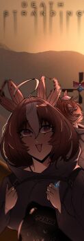 Rule 34 | 2girls, ahoge, animal ears, bodysuit, brown eyes, brown hair, closed eyes, commentary, cosplay, death stranding, ear wiggle, english commentary, grey bodysuit, hair between eyes, highres, horse ears, horse girl, meisho doto (umamusume), multicolored hair, multiple girls, open mouth, peqq'y quodd'y, sam porter bridges, sam porter bridges (cosplay), short hair, smile, streaked hair, t.m. opera o (umamusume), umamusume, upper body, white hair