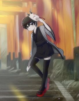 Rule 34 | 1boy, alternate costume, black eyes, black hair, black thighhighs, closed mouth, colored skin, commentary request, double-parted bangs, expressionless, fox mask, hair between eyes, highres, hisaho, looking at viewer, male focus, mask, mask on head, multiple torii, omori, omori (omori), outdoors, short hair, short sleeves, solo, thighhighs, torii, twitter username, white skin