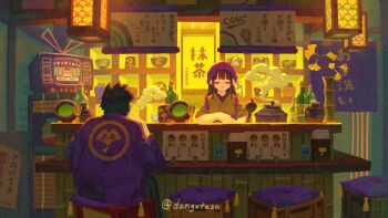 1boy 1girl black_hair bowl brown_hair brown_kimono closed_eyes closed_mouth commentary_request cushion food_stand ginkgo_leaf headscarf japanese_clothes kimono lantern leaf long_hair original short_sleeves sitting smile steam tasuki television twitter_username usagino_suzu zabuton