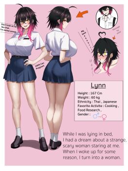 1boy 1girl absurdres ahoge alternate_language ass bare_legs before_and_after belt black_belt black_hair blue_skirt breasts character_name character_profile closed_mouth collared_shirt commentary commentary_request constricted_pupils contrapposto dress_shirt english_commentary full_body genderswap genderswap_(mtf) gradient_hair grey_shoes hair_between_eyes hair_intakes hands_on_own_hips heart heart_ahoge height highres kneepits lansulynn large_breasts legs loafers lynn_(lansulynn) medium_hair miniskirt mixed-language_commentary multicolored_hair multiple_views open_mouth original pink_hair pleated_skirt school_uniform shirt shoes skirt smile smug streaked_hair surprised thighs turnaround weight white_shirt wing_collar