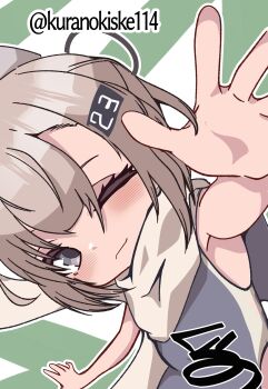 Rule 34 | 1girl, foreshortening, grey eyes, grey hair, grey one-piece swimsuit, headgear, highleg, highleg one-piece swimsuit, highres, kantai collection, kurano kisuke, long hair, one-hour drawing challenge, one-piece swimsuit, one eye closed, scarf, signature, smile, solo, swimsuit, twitter username, wahoo (kancolle), white scarf