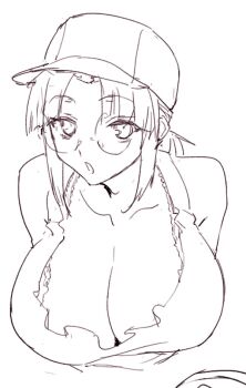 Rule 34 | breasts, cleavage, commentary, crop top, field cap, fio germi, frilled skirt, frills, glasses, madsensei, metal slug, monochrome, round eyewear, skirt, solo, symbol-only commentary, tank top, white background, white tank top