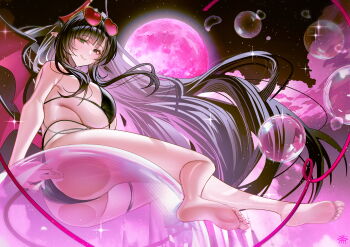 1girl absurdres ass azur_lane barefoot bikini black_bikini black_hair blush breasts bubble closed_mouth commentary_request eyewear_on_head from_below full_body full_moon goetz_von_berlichingen_(azur_lane) goetz_von_berlichingen_(rapture_beneath_the_blood_moon)_(azur_lane) green_eyes heart heart-shaped_eyewear highres horns large_breasts long_hair looking_at_viewer looking_down moon official_alternate_costume red_horns sitting smile soles sunglasses swimsuit tansuan_(ensj3875) thighs very_long_hair wings