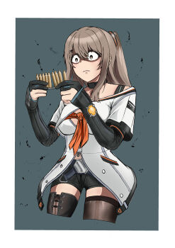1girl absurdres black_shorts brown_hair commentary cropped_legs girls&#039;_frontline girls&#039;_frontline_2:_exilium gloves grey_background grey_eyes highres holding k2_(girls&#039;_frontline) korean_commentary long_hair mixed-language_commentary one_side_up parted_lips partially_fingerless_gloves shaded_face shell_casing shorts simple_background solo two-tone_background white_background yoohee_(girls&#039;_frontline_2)