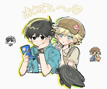 Rule 34 | 3boys, antenna hair, bag charm, basil (birthday) (omori), basil (faraway) (omori), basil (omori), black bag, black eyes, black hair, blonde hair, blue eyes, blue jacket, blush, bright pupils, brown hair, brown overalls, character bag, character charm, character sticker, charm (object), closed mouth, collared jacket, commentary request, dark-skinned male, dark skin, double-parted bangs, hair between eyes, handheld game console, hat, highres, holding, holding handheld game console, jacket, kel (faraway) (omori), kel (omori), looking at another, mewo, multiple boys, newsboy cap, official alternate costume, omori, overalls, parted lips, salt xs2, shirt, short-sleeved jacket, short hair, short sleeves, sidelocks, simple background, sketch, sticker, sunny (birthday) (omori), sunny (omori), translation request, white background, white pupils, white shirt