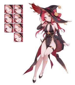 1girl absurdres bare_legs bare_shoulders black_dress black_hat breasts cleavage covered_navel detached_sleeves dress flats gold_trim hand_up hat highres long_hair long_sleeves looking_at_viewer medium_breasts merge_maid_cafe multiple_expressions no_panties pelvic_curtain red_eyes red_hair sbbs sleeveless sleeveless_dress smile solo tailcoat thigh_strap thighs witch_hat