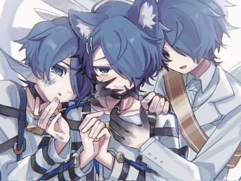 3boys animal_ear_fluff animal_ears aqua_eyes black_choker blazer blue_hair blue_scales buttons choker collared_shirt fewer_digits fingernails fins hair_ornament hair_over_one_eye hairclip hand_on_another's_neck head_fins highres jacket kemonomimi_mode lapels long_sleeves looking_at_viewer male_focus milgram multiple_boys multiple_persona necktie notched_lapels o-ring parted_bangs prison_clothes sakurai_haruka_(milgram) scales sharp_fingernails shirt short_hair simple_background slit_pupils strap tanuki24036 white_background white_jacket white_necktie white_shirt wolf_boy wolf_ears